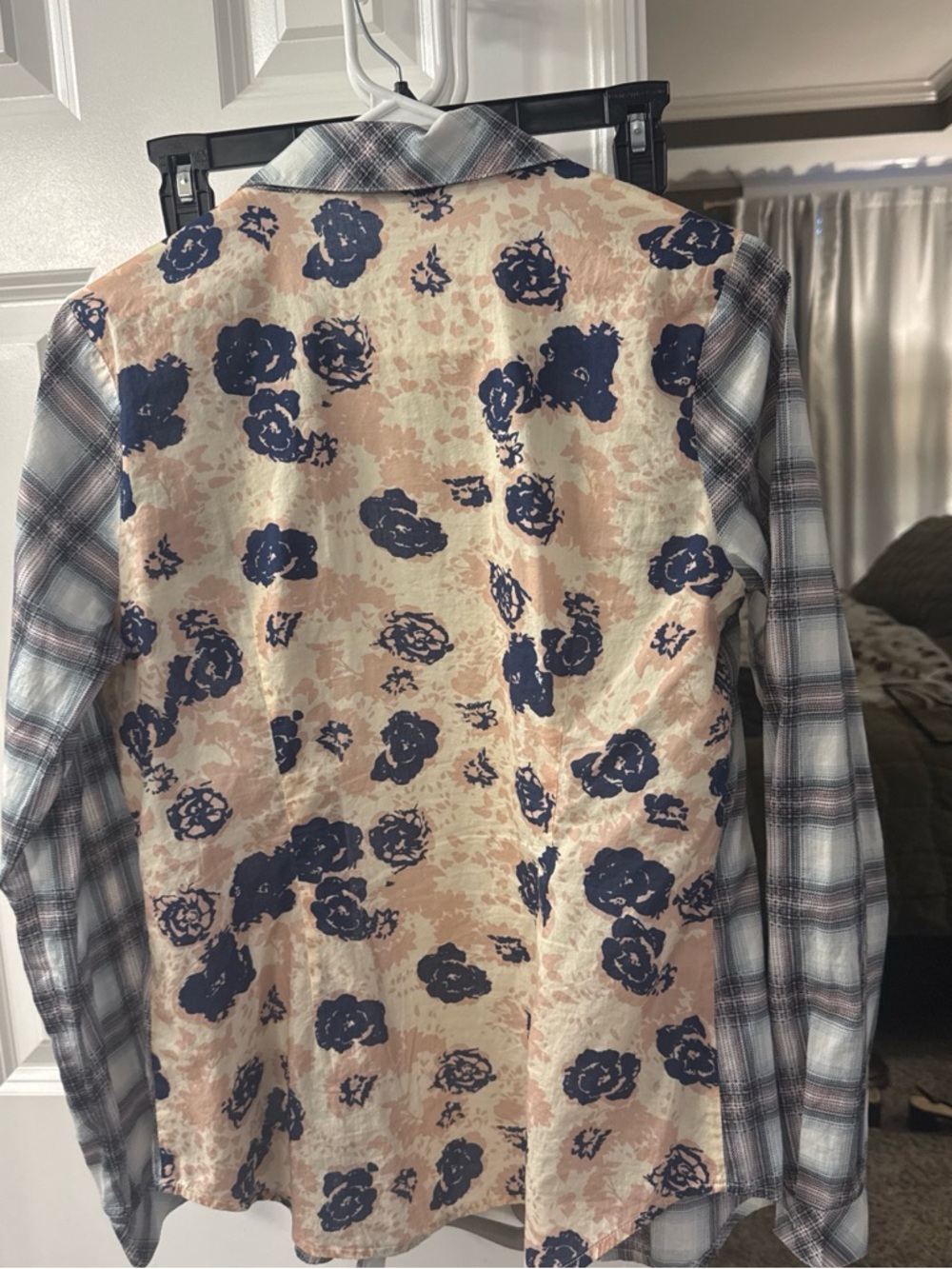 CAbi Women's Mixed-Print Button-Down Shirt in Beige and Navy